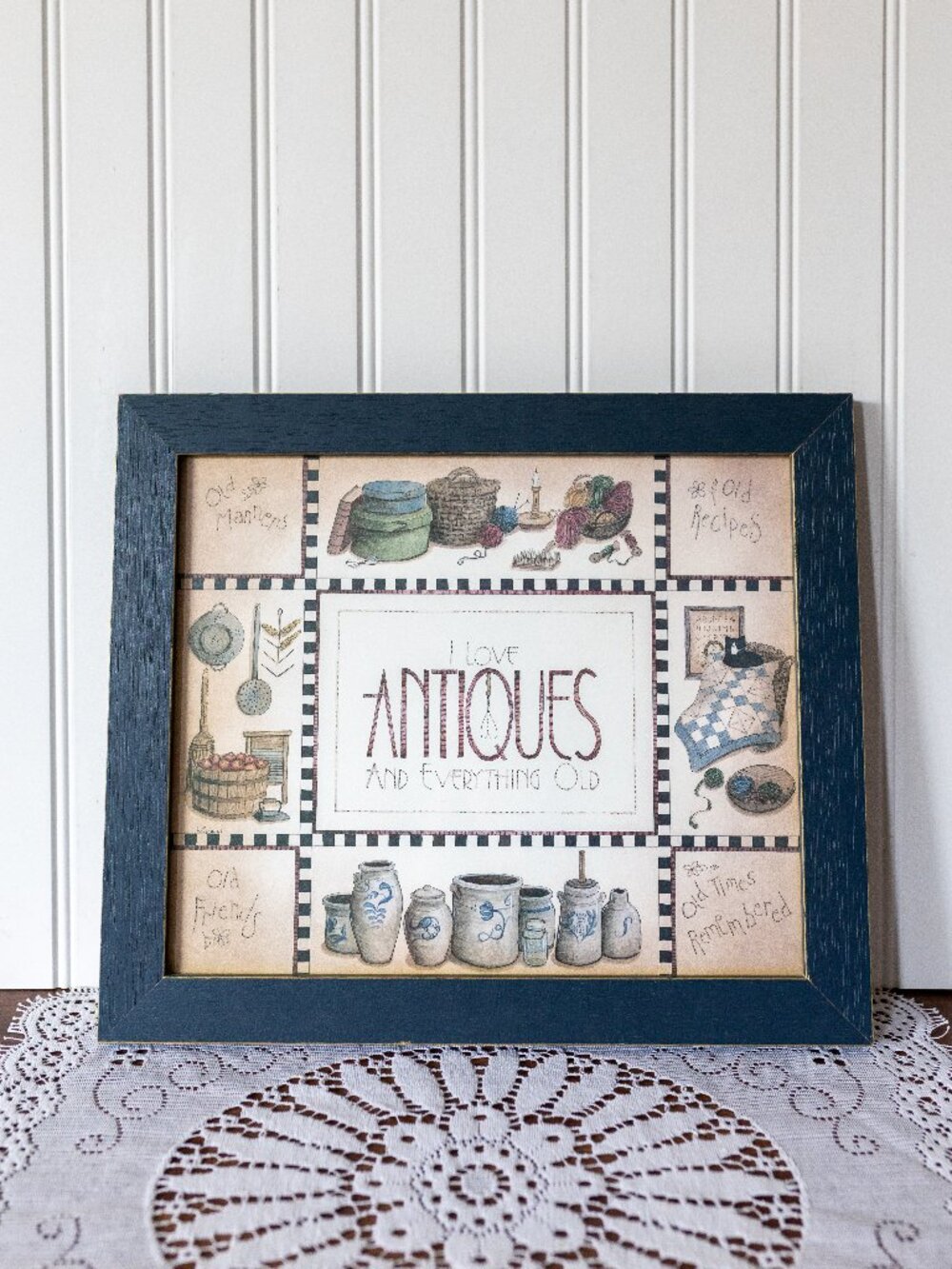 Vintage Linda Spivey I Love Antiques Framed Print Country Folk Art Decor